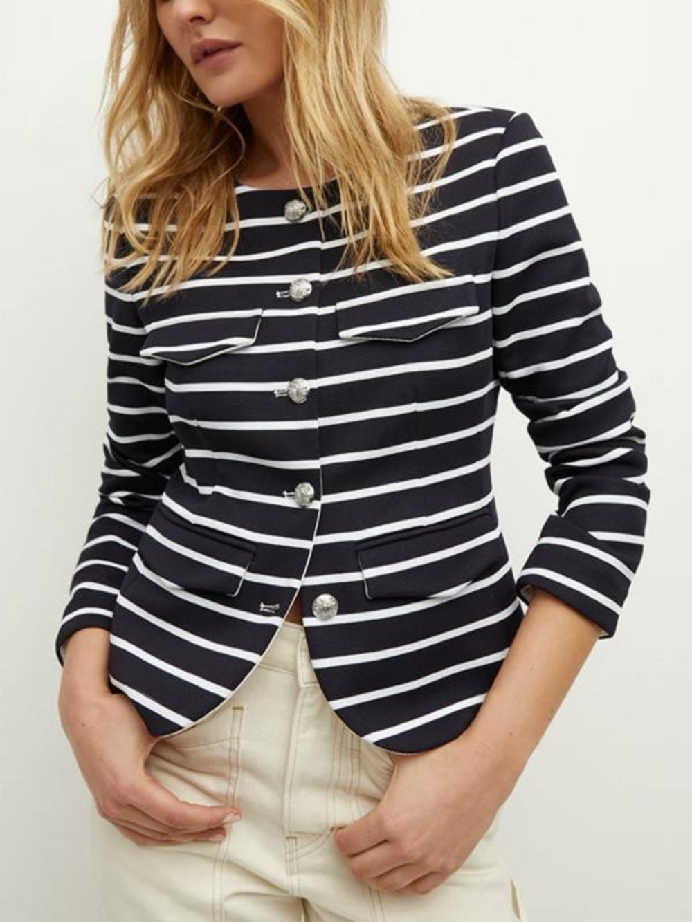 VERONICA BEARD Kensington Striped Knit Jacket Navy White EUC XS